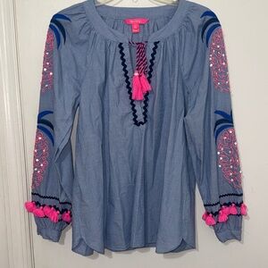 Lilly Pulitzer Keela Embroidered Tassel Top Blouse Long Sleeve Boho Sz S